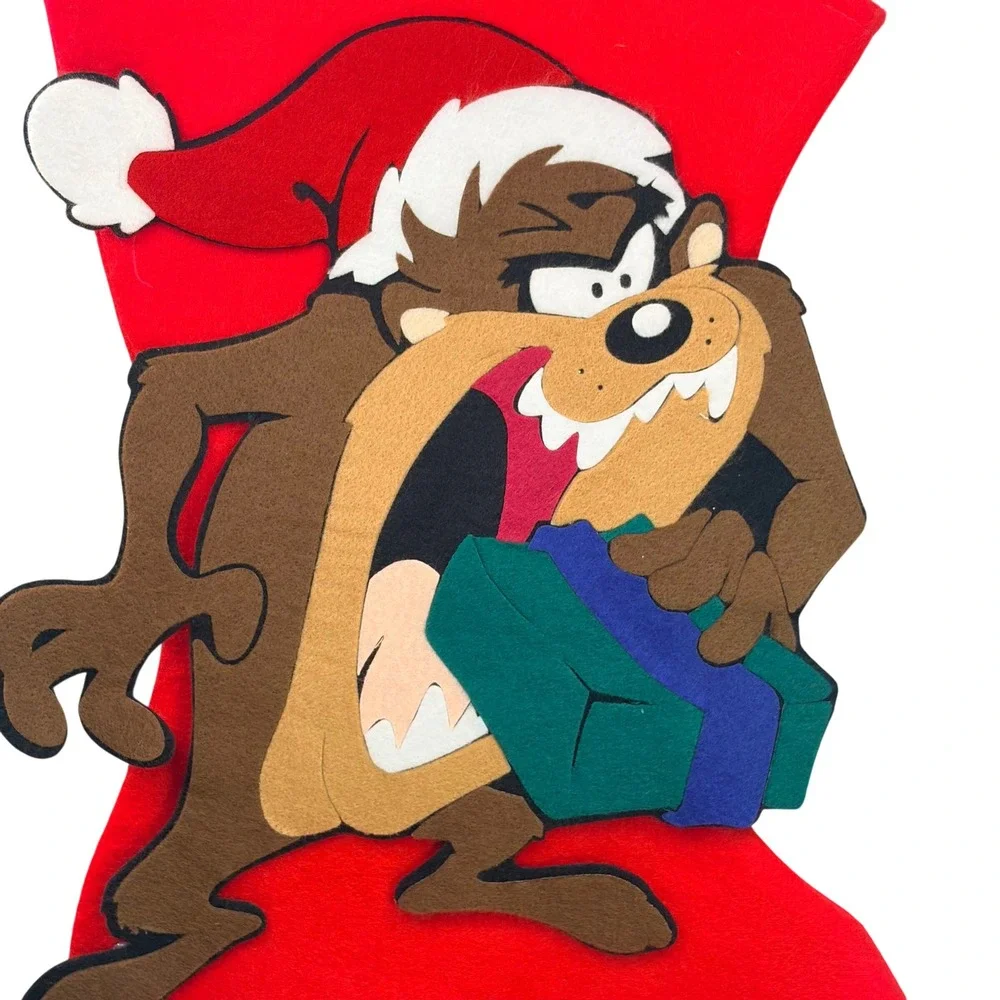 VTG 2000 Looney Tunes Taz Felt Christmas Stocking Tasmanian Devil Santa Hat RARE